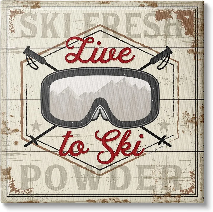 Stupell Industries Live to Ski Sport Goggles Fresh Powder, Designed by Jennifer Pugh Canvas Wall Art, 24 x 24, Brown