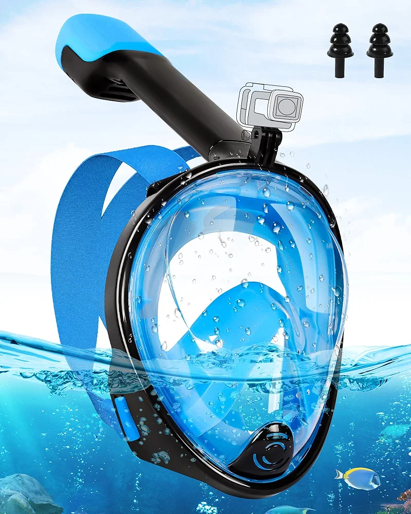 Adults Full Face Snorkel Mask Snorkeling Gear Set with Action Camera Mount, Dry Snorkel, Anti-fog Goggles, Swimming Ear Plugs for Woman Men Beach Vacations - Large