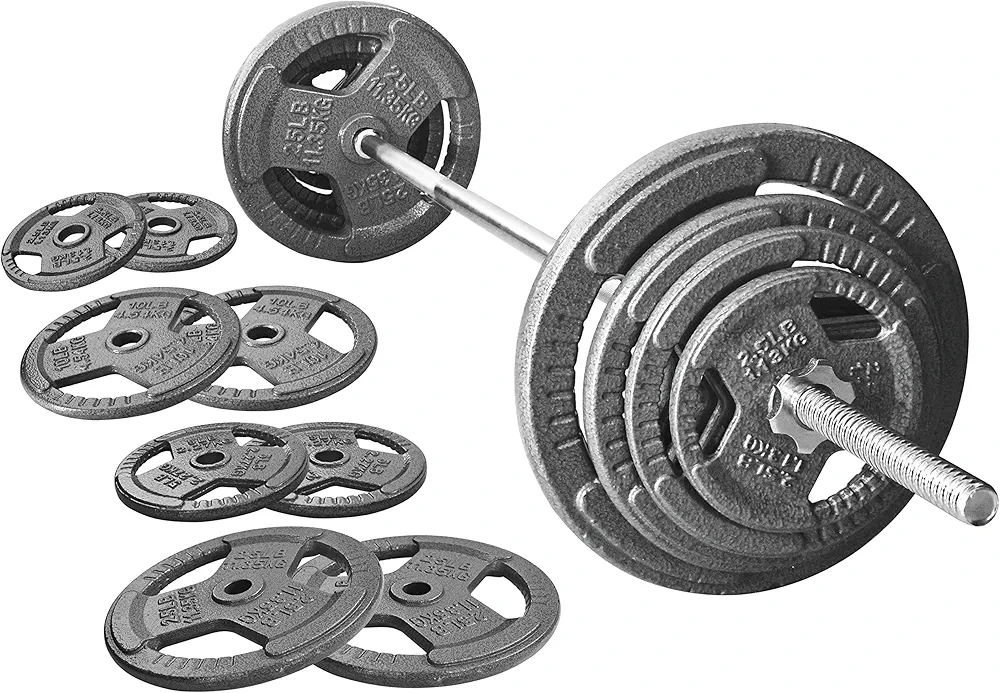 Cast Iron Standard Weight Plates Including 5FT Standard Barbell with Star Locks, 95-Pound Set (85 Pounds Plates + 10 Pounds Barbell), Multiple Styles