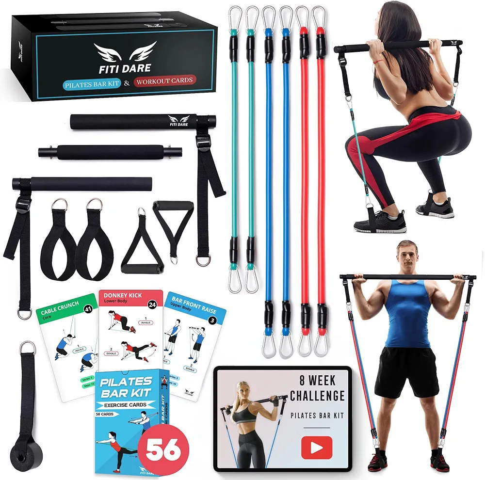 Multifunctional Pilates Bar Kit with Resistance Bands and Workout Cards | Portable Exercise Equipment Home Gym for Women & Men of All Heights | Full Body Fitness Exercise Set (25,30,35lbs)