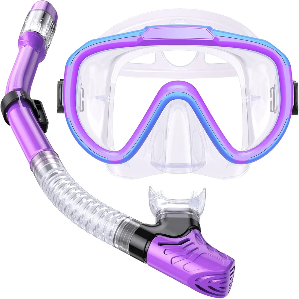 Kids Snorkel Set, Anti-Fog Panoramic Tempered Glass Kids Snorkel mask, Anti-Leak Scuba Diving Mask with Mesh Bag, Dry Top Snorkeling Gear for Kids and Youth Age 4-16