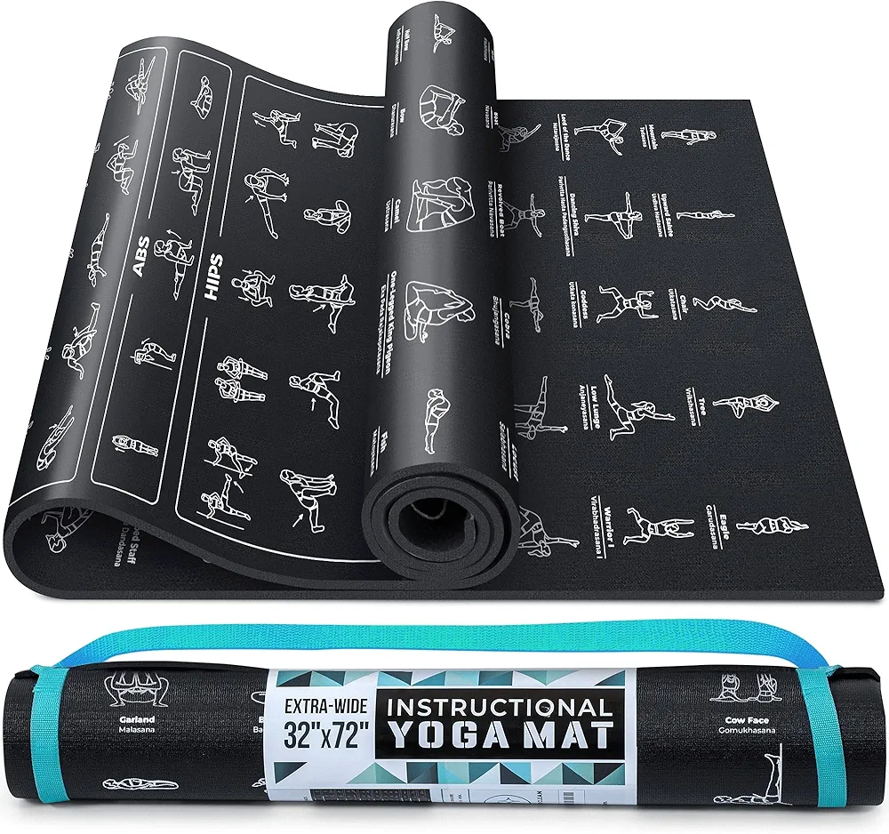 Instructional Yoga Mat with Poses Printed On It & Carrying Strap - 75 Illustrated Yoga Poses & 75 Stretches - Cute Yoga Mat For Women and Men - Non-Slip, 1/4" Extra-Thick Yoga Mat For Beginners