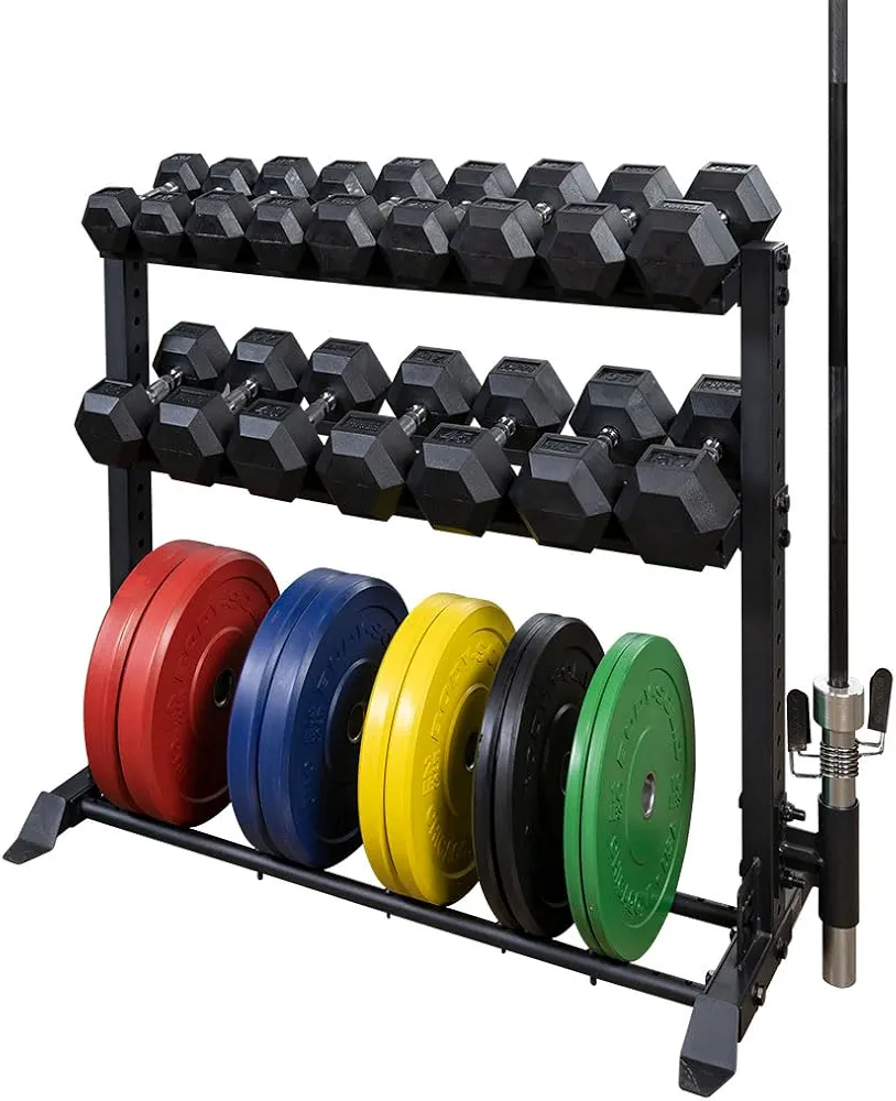 Body-Solid (Y420-LOADED) Dumbbell Rack Package Rack Organizer, Dumbbells, Plates, Bar w/Collars Included, Vertical Home Weight Storage and Commercial Gym Racks, Strength Training Accessories