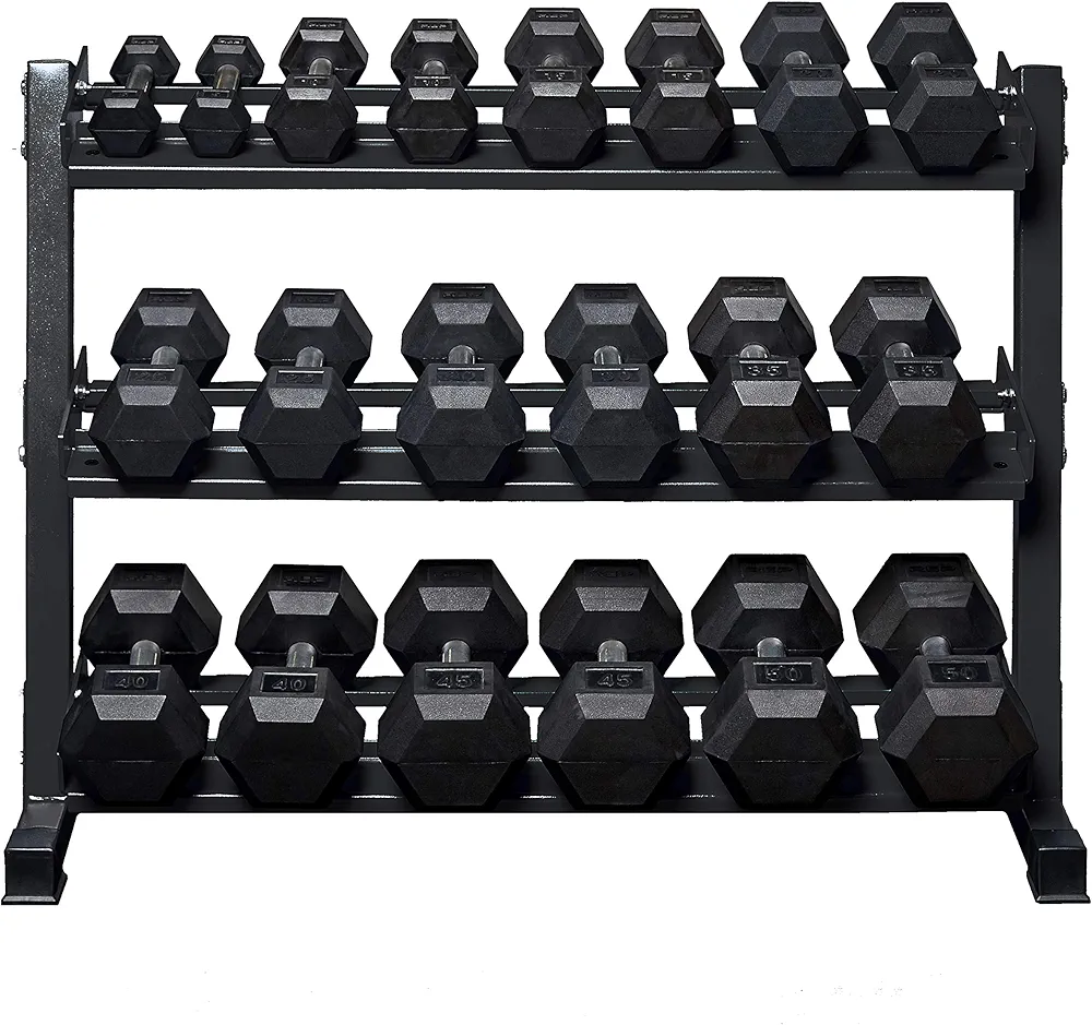 Rep Rubber Hex Dumbbell Sets with Racks. 5-50, 5-75, or 5-100 LB Sets available with Black, Blue or Red Racks to Match your Home Gym. For Strength Training, Conditioning, and Full-Body Workouts.
