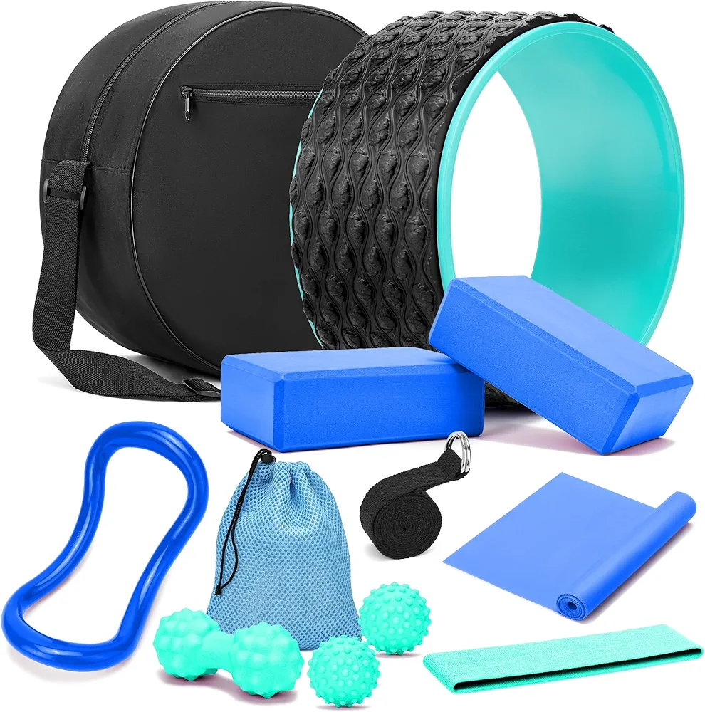 Yoga Wheel 12 in 1 Set with Back Cracker Roller for Pain Relief & Deep Tissue Massage Yoga Blocks 2 Pack with Yoga Ring, Yoga Accessory for Stretching Equipment, Yoga Starter Kit for Beginner
