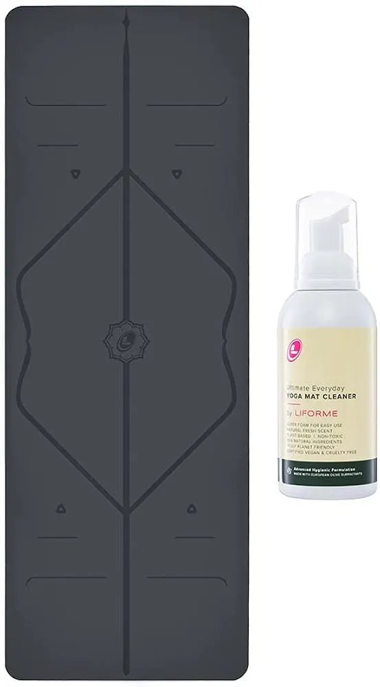 LIFORME Original Yoga Mat & Ultimate Everyday Yoga Mat Cleaner- Bundle Pack – Patented Alignment System, Eco-Friendly, Non-Slip Warrior-Grip, Thick, Sweat Resistant, Comfortable - Grey