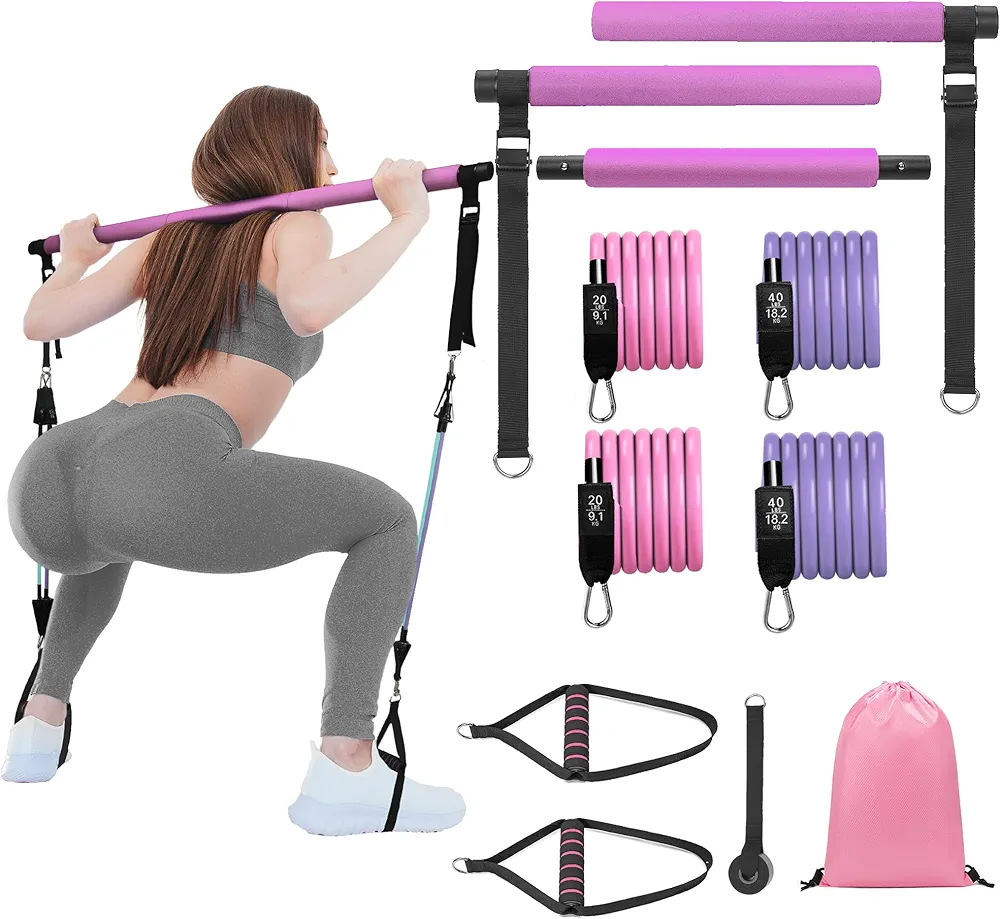 Pilates Bar Kit with Resistance Bands, Multifunctional Stretched Fusion Pilates Bar Kit for Women, Men, Pilates Sculpt Bar with Adjustable Buckle for Full Body Workouts, Squat Equipment