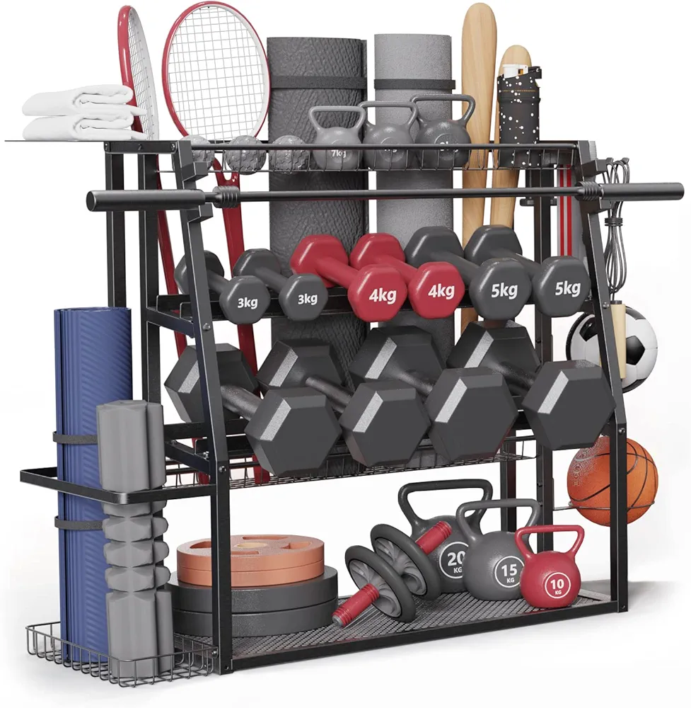 Merapi 3 Tier Dumbbell Weight Rack, Steel Home Gym Storage Stand, Heavy Duty Weight Rack for Dumbbells, Yoga Mats, Kettlebells, Black