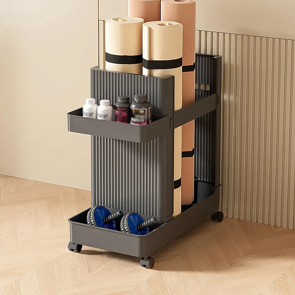 Home Gym Storage,2 Tiers Workout Equipment Organizer with Wheels Workout Equipment Storage Organizer Yoga Mat Storage Racks Home Gym Storage Rack for Yoga Mats, Foam Roller, Dumbbells