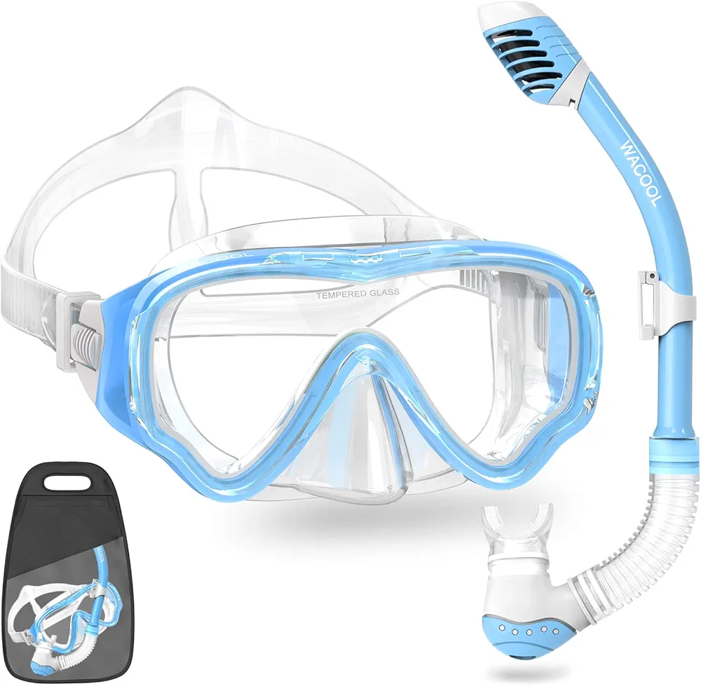 WACOOL Snorkeling Snorkel Diving Scuba Package Set Gear for Kids Youth Junior Anti-Fog Coated Glass with Silicon Mouth Piece Purge Valve and Anti-Splash