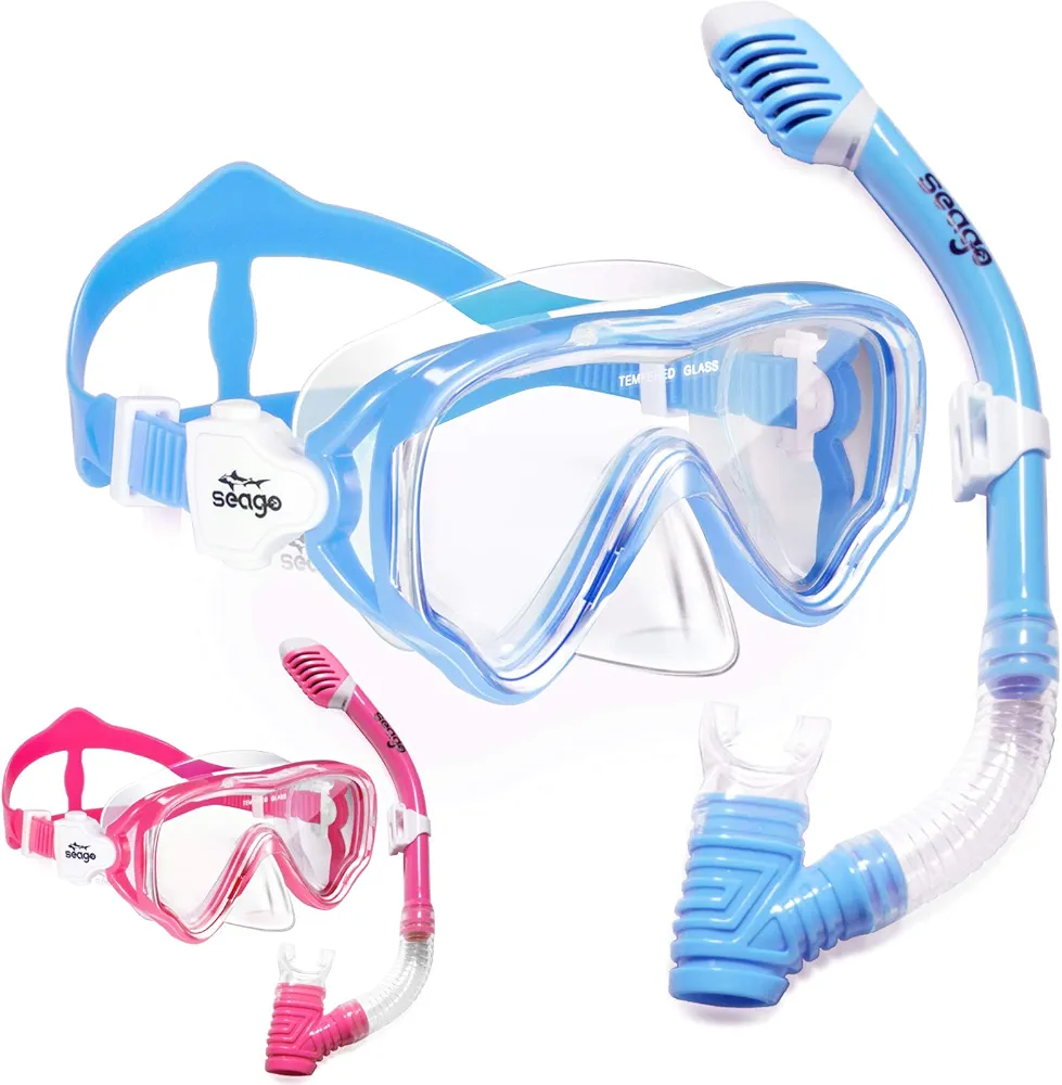 Seago 2 Pack Kids Snorkel Set Dry Top Snorkel Mask Snorkeling Gear for Kids Boys Girls Youth, No Leak Comfy Mouthpiece Anti-Fog 180° Panoramic View Snorkel Kit with Mesh Bag