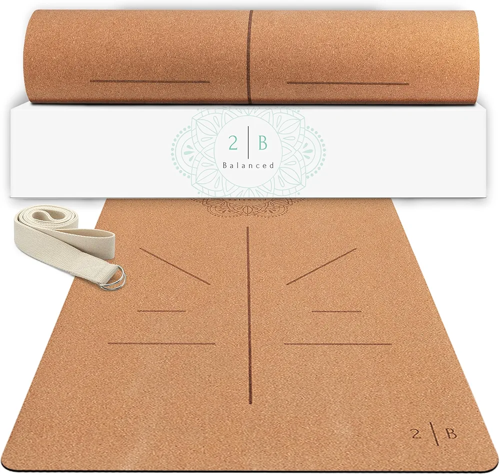 Natural Cork Yoga Mat – Lightweight & Non-Slip Yoga Mat – Non-Toxic Cork Yoga Mat, Sustainable – 5mm Thick for Superior Grip & Comfort – Yoga Mat With Strap and Alignment Lines for Guidance – Ideal for Hot Yoga & Fitness
