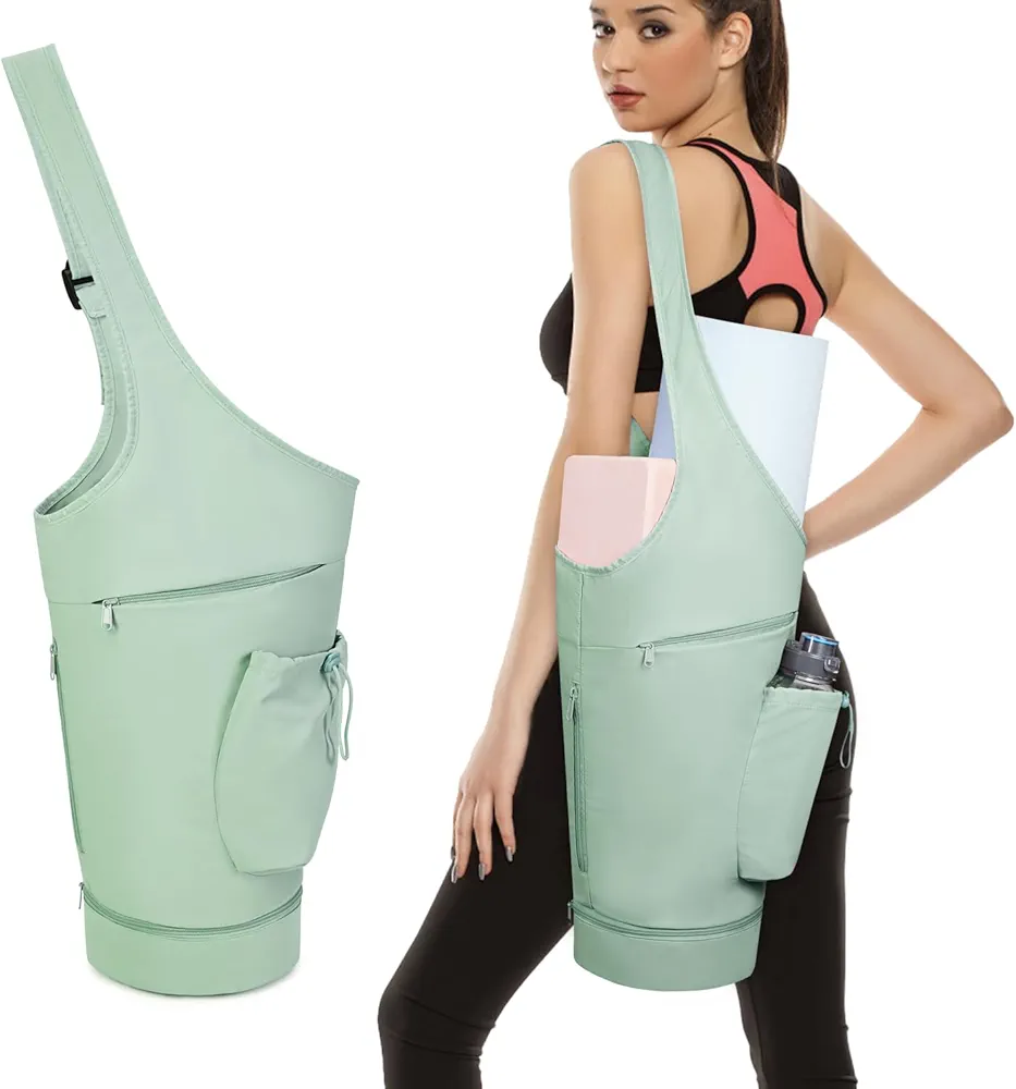 sportsnew Yoga Mat Bag, Large Opening Long Tote Yoga Mat Carrier Holder Bag with Waterproof Wet Pocket and Drawstring Water Bottle Pocket, Adjustable Shoulder Strap Storage Bag, patent pending