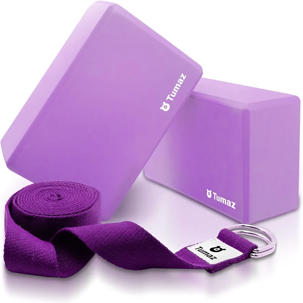 Tumaz Yoga Blocks 2 Pack with Strap Set, High Density/Lightweight EVA Foam Yoga Blocks or Non-Slip Solid Natural Cork Yoga Blocks & Premium 8F Yoga Strap Set for Yogi [Instruction E-Book Included]