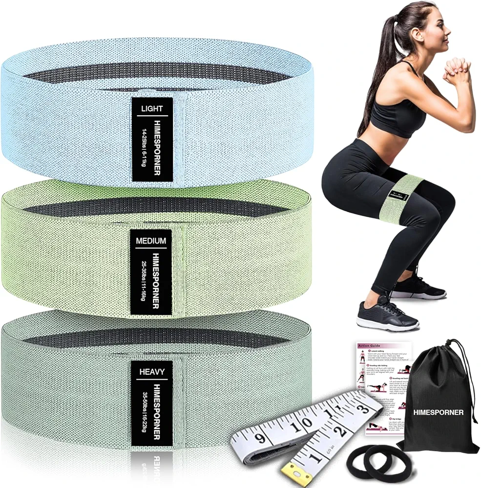 Wide Fabric Resistance Bands for Working Out, 3 Level Non-Slip Exercise Booty Bands for Women & Men Leg and Glutes with Hair Ties and Tape Measure - for Home Gym Workout, Yoga, Pilates