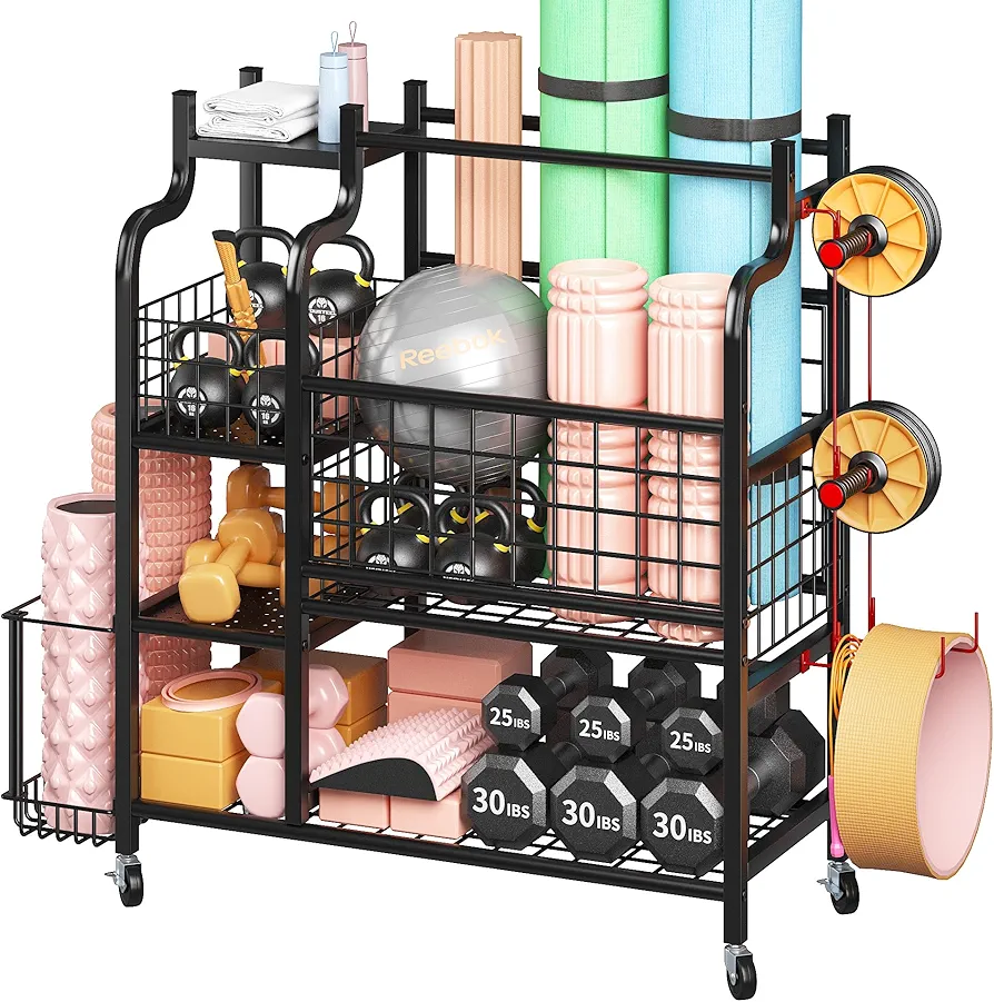 REIBII Home Gym Storage Rack for Dumbbells Weight Rack for Home Gym Yoga Mat Storage Rack with Wheels and Hooks Load 400LBS Exercise Equipment Storage Workout Equipment Sports Organizer for Garage