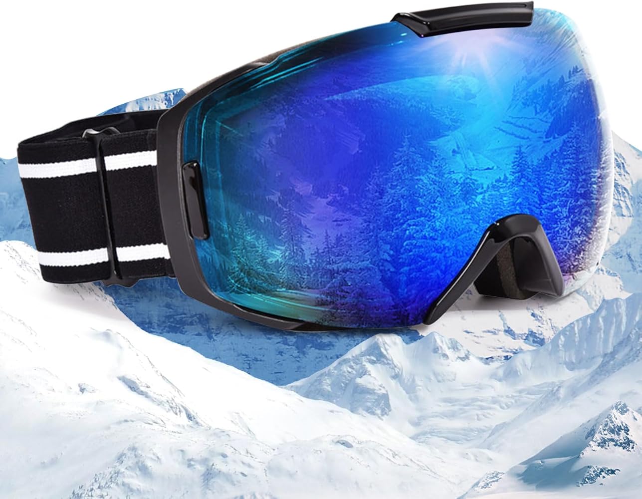OPTOFENDY Ski Goggles for Women Men, OTG Anti Fog Snow/Snowboard Goggles with Non-slip Belt, UV Protection
