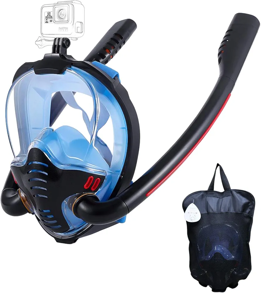 Full Face Snorkel Mask with Anti-Fog Wipes, 180 Degree Panoramic HD View Snorkeling Mask, Anti-Leak Dry Top Set for Adults and Kids (Black & Blue, S/M)
