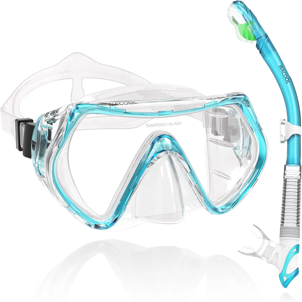 WACOOL Professional Snorkeling Snorkel Diving Scuba Package Set with Anti-Fog Coated Glass Purge Valve and Anti-Splash Silicon Mouth Piece for Men Women (Kids,Lake Blue)