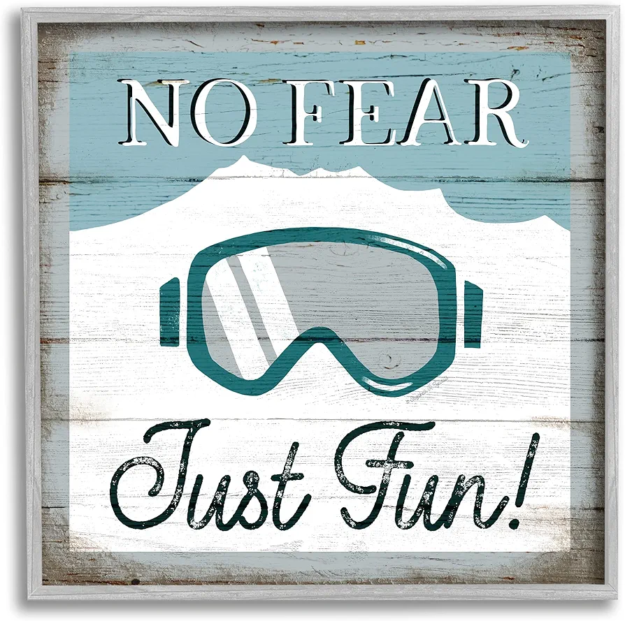 Stupell Industries No Fear Just Fun Phrase Blue Ski Goggles, Design by Elizabeth Tyndall Gray Framed Wall Art, 12 x 12
