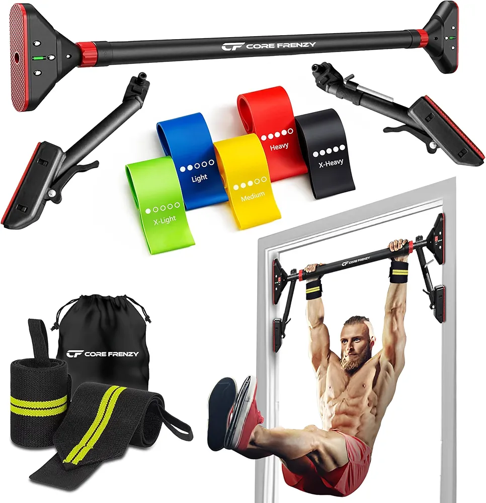 Pull Up Bar for doorway With Resistance Bands & Wrist Wraps, Chin Up Bar for Upper Body Workout & Exercise, 29.9" - 37.5" Adjustable Width Locking Mechanism, No Screw Installation, 880 lbs