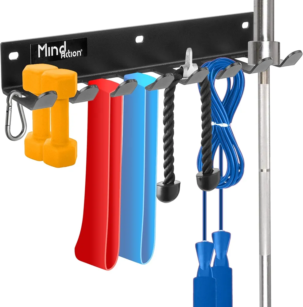 Gym Storage Organizer, Wall Mount Barbell Holder, Multi-Purpose Garage Gym Equipment Wall Rack, Barbell Hanger, Space Saving Gym Attachment Rack for Resistance Bands, Jump Ropes, Lifting Belt