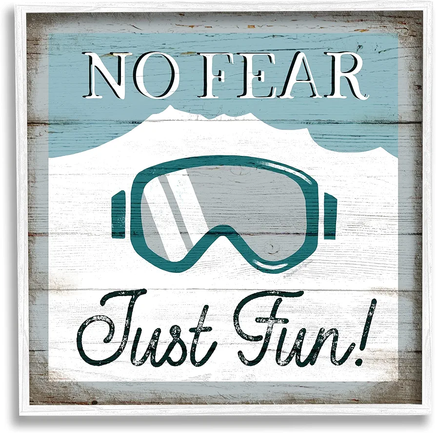 Stupell Industries No Fear Just Fun Phrase Blue Ski Goggles, Design by Elizabeth Tyndall White Framed Wall Art, 12 x 12
