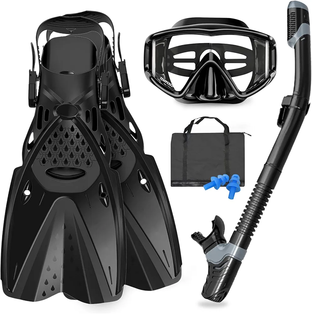 Mask Fins Snorkeling Gear for Adults Men Women, Swim Goggles 180° Panoramic View Diving Mask Anti-Fog Anti-Leak&Dry Top Snorkel and Dive Flippers with Gear Bag for Snorkeling Swimming