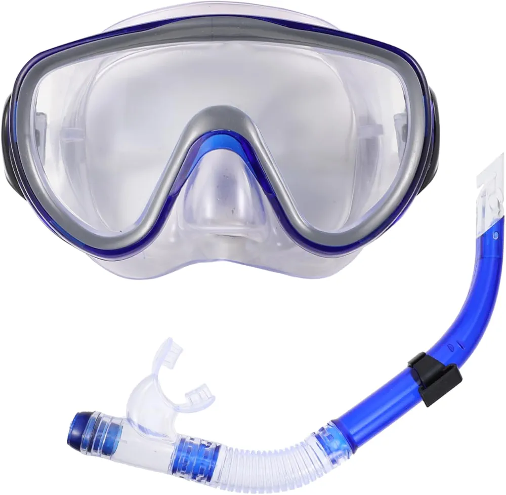 Adult Diving Equipment Snorkeling Mask Snorkel Set Blue Wide-Angle Tempered Glass Anti-Fog Silicone Mask Fins and Snorkel