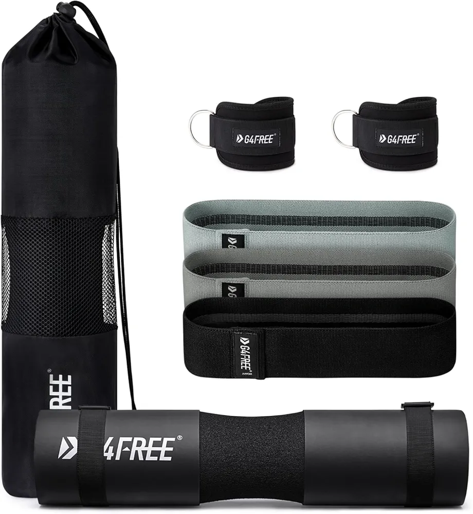 G4Free 7pcs Barbell Pad Set for Squat, Hip Thrusts, Lunges, Leg day, Standard Olympic Bars with 2 Gym Ankle Safety Straps, 3 Hip Resistance Bands, Barbell Pad and Carry Bag