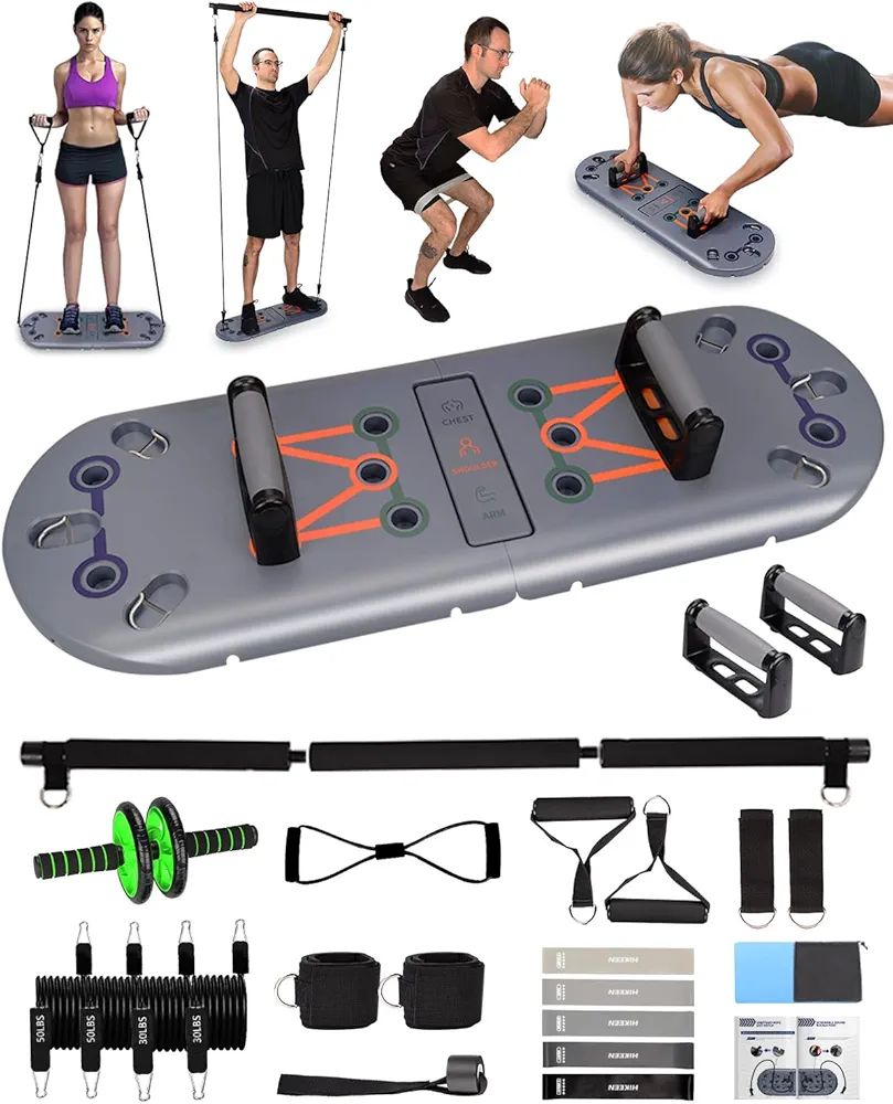 Hikeen Home Workout Equipment to Help Achieve Fitness Goals, 27-in-1 Portable Gym Exercise Equipment with Compact Push-Up Board, Resistance Bands, Ab Roller Wheel, and Pilates Bar, Master Your Workout