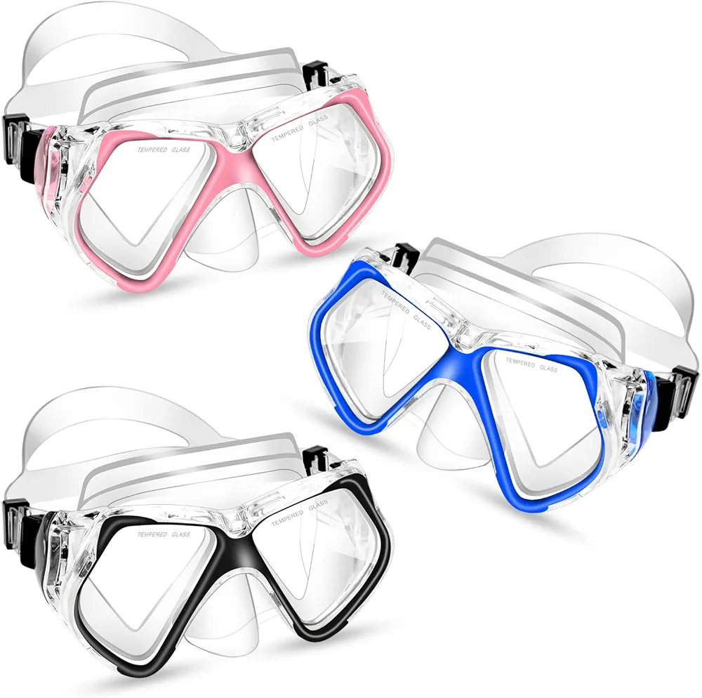 3 Pieces Snorkel Diving Mask, Junior Swimming Goggles with Nose Cover, Clear View Tempered Glass Diving Goggles Swim Mask, Anti-Fog Dive Mask Adult