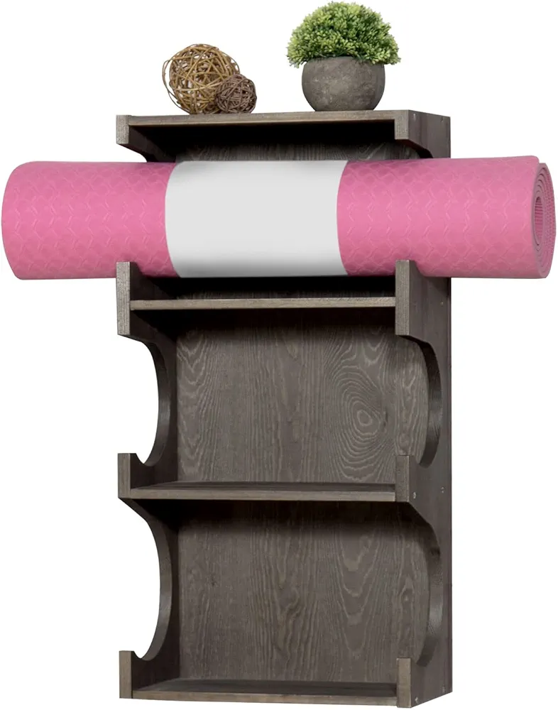 MyGift Wall Mounted Vintage Gray Wood 3-Tier Foam Roller, Yoga Mat Hanging Rack with Top Display Shelf