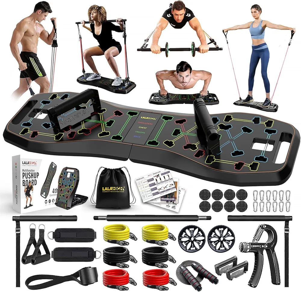 LALAHIGH Portable Home Gym System: Large Compact Push Up Board, Pilates Bar & Fitness Accessories with Resistance Bands Ab Roller Wheel for Men and Women, Gift for Boyfriend