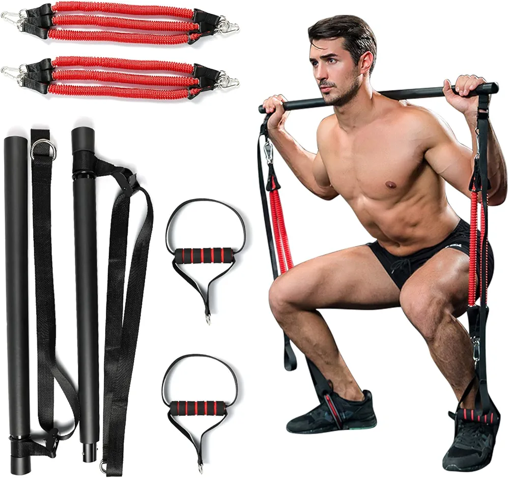 SYNTECSO 60-180 Lbs Pilates Bar with Resistance Band, Portable Home Gym Equipment for Full Body Workout - Height and Resistance Adjustable Strength Training Equipment for Men and Women