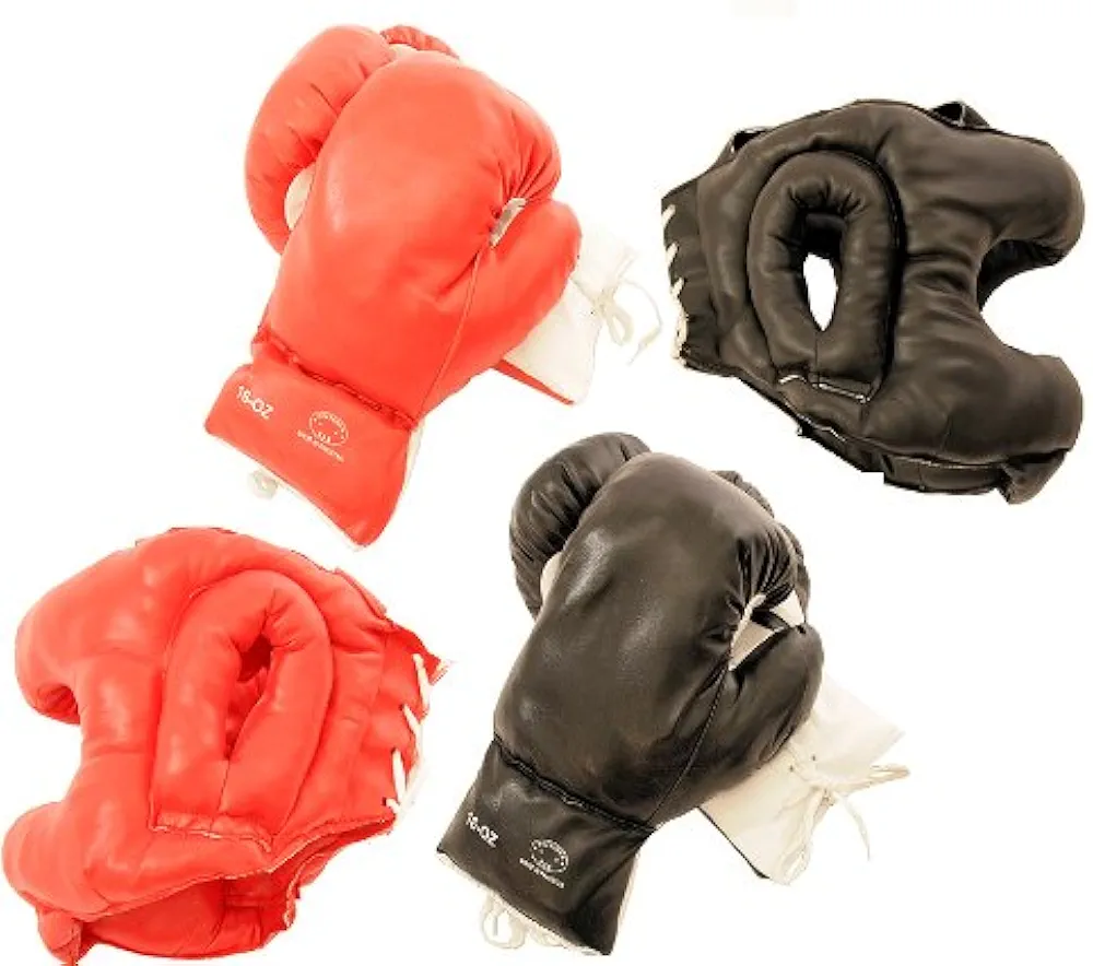 2 Head Gears with 2 Pairs of Boxing Gloves Red & Black Set