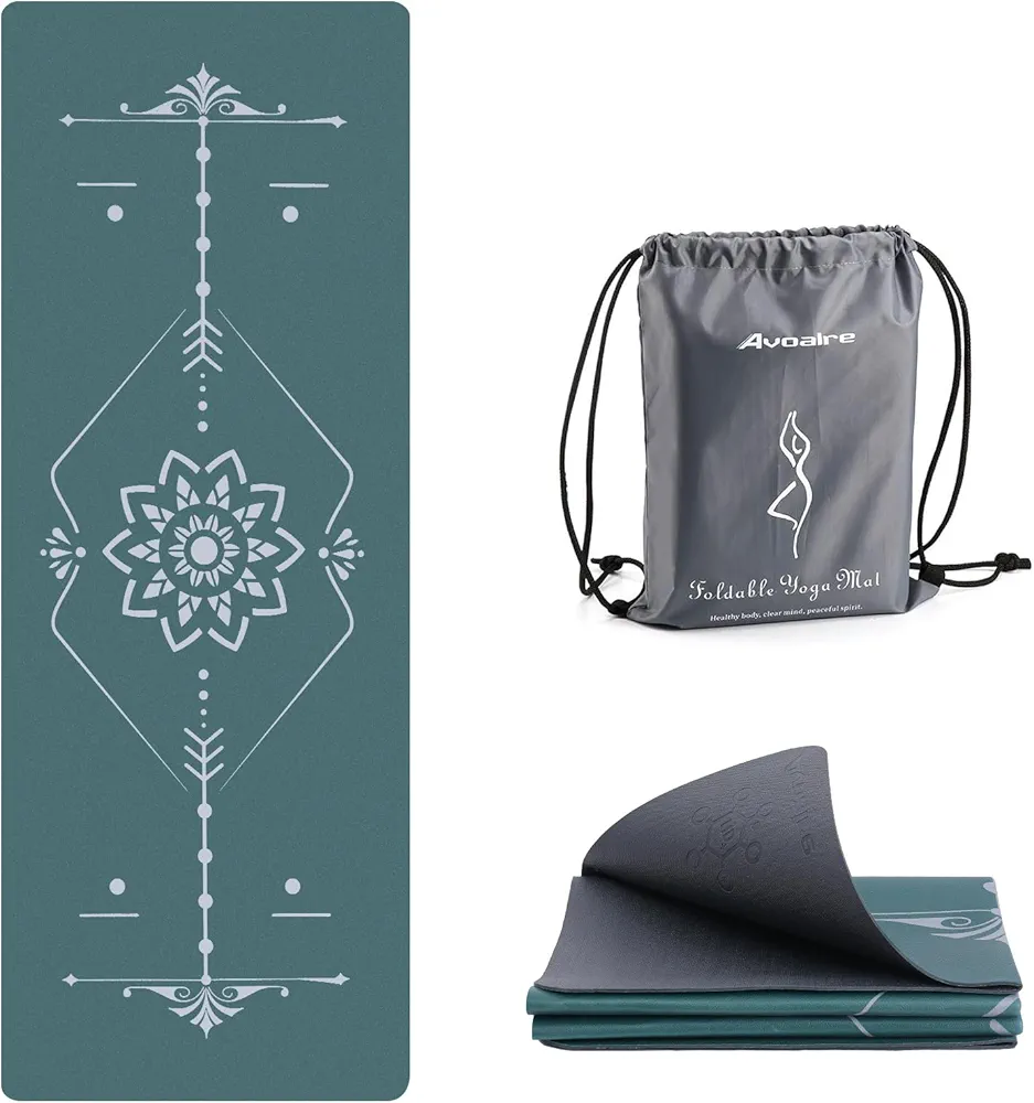 Avoalre Foldable Travel Yoga Mat 1/8” (3mm) Thick, 24"W & 32"W Large Print Pilates Mat with Non-Slip Grip, Suit for Women Home Gym Senior Fitness, Lightweight and Packable Exercise Mat with Carry Bag