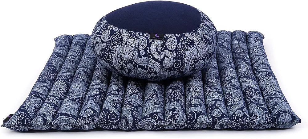 Leewadee Meditation Cushion Set – 1 Round Zafu Meditation Pillow and 1 Square Roll-Up Zabuton Meditation Mat, Pillows Bundle Filled with Kapok