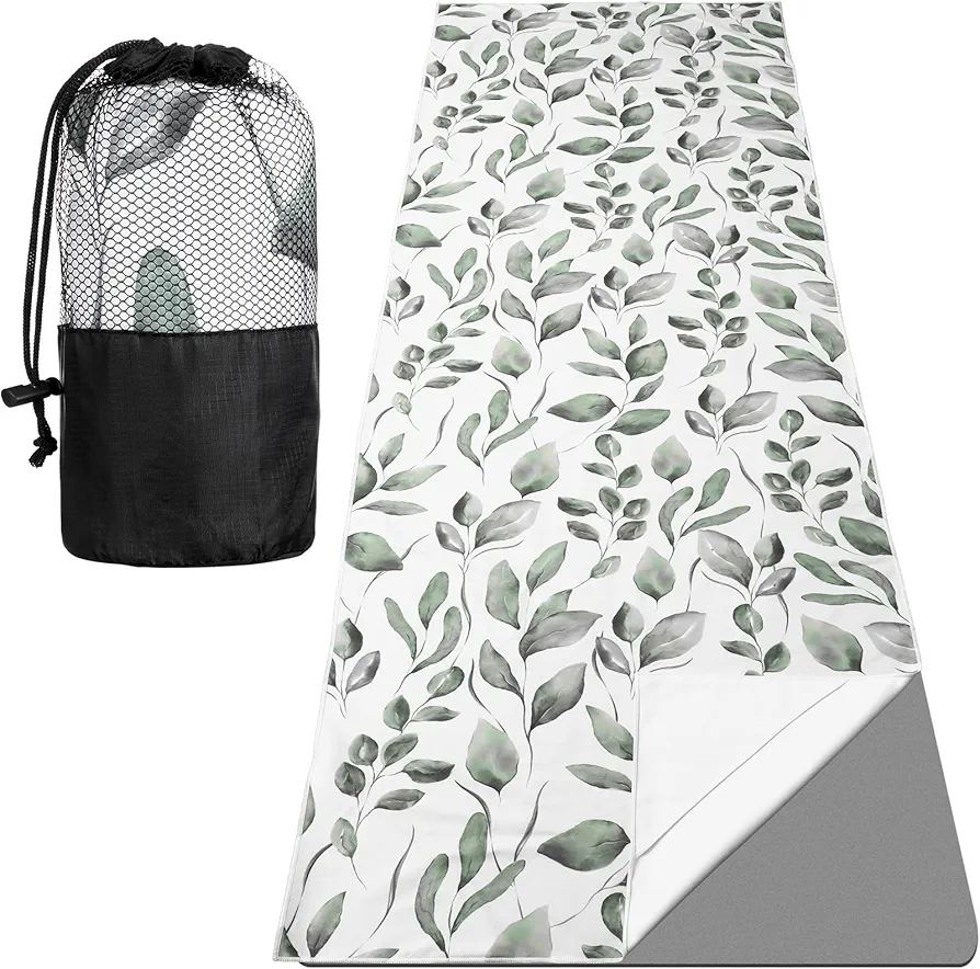 Non Slip Yoga Mat Towel with 4 Corner Pockets with Travel Bag Sweat Absorbent Microfiber Hot Yoga Mat Towel Grip Soft Yoga Blanket for Hot Yoga, Pilates, Workout, Gym 74"x25"(Leaf)