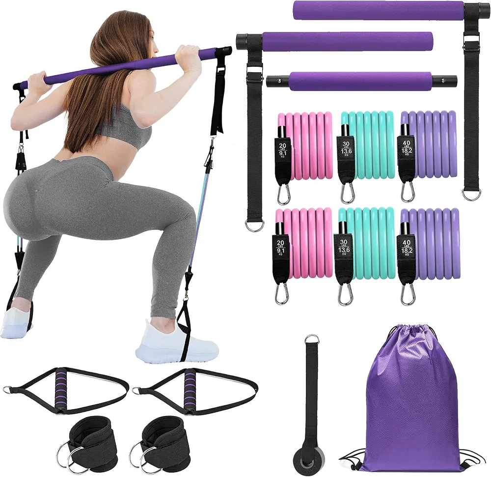 Pilates Bar Kit with Resistance Bands, Multifunctional Stretched Fusion Pilates Bar Kit for Women, Men, Pilates Sculpt Bar with Adjustable Buckle for Full Body Workouts, Squat Equipment