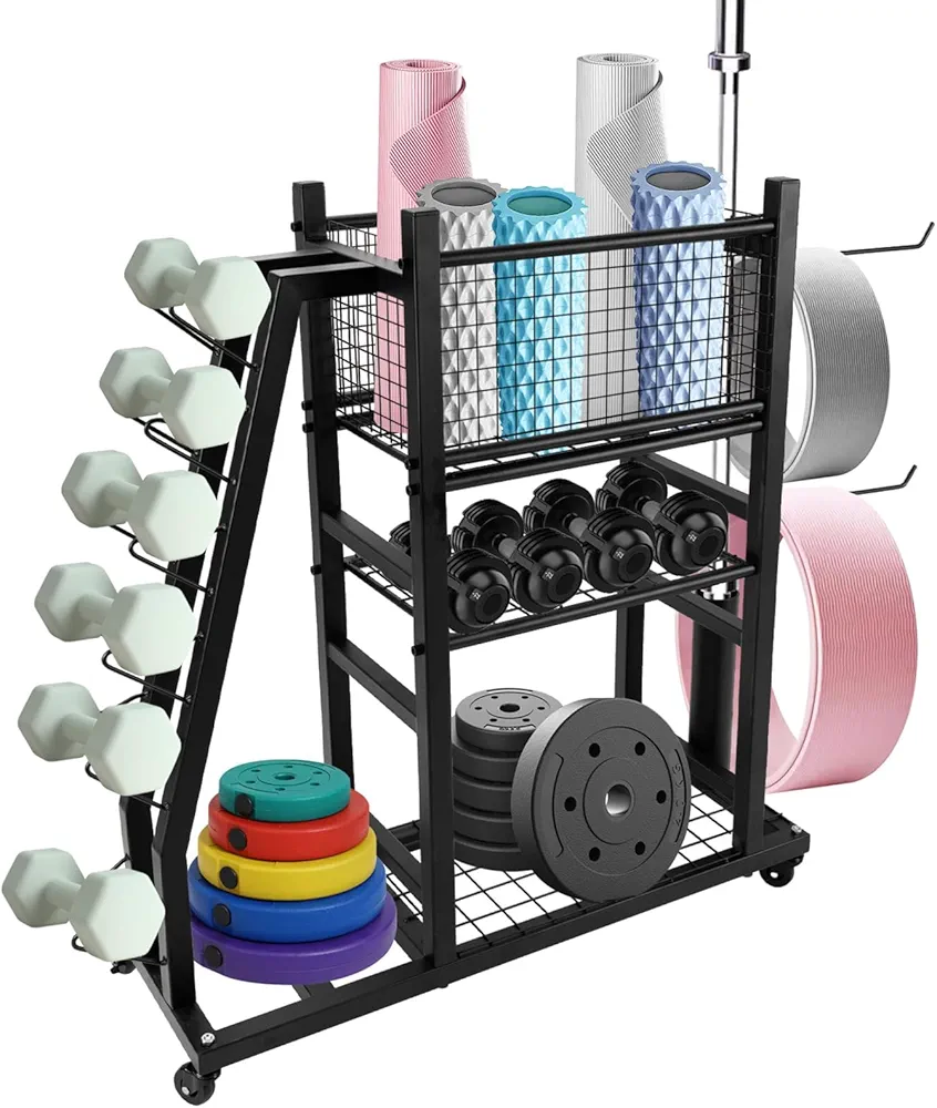 Home Gym Storage Rack, Yoga Mat Storage Rack for Dumbbells Kettlebells Strength Training Equipment, Workout Equipment Organizer Gym Equipment Storage with Wheels & Hanging Hooks for Exercise