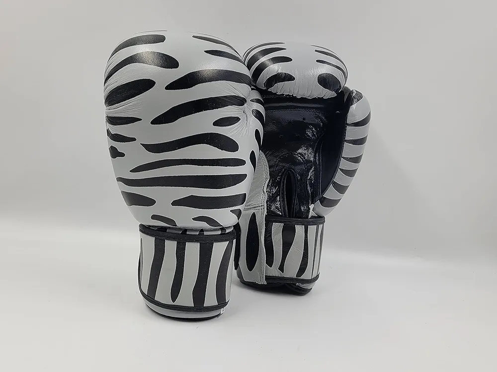 PRO Boxing Gloves Muay Thai Training Professional Cow Hide Leather Sparring Punching Bag Mitts Kickboxing Zebra Design