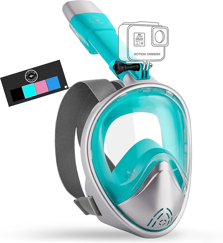 Platinum Arowana® Professional Full Face Snorkel Mask - Turquoise Snorkeling Gear for Adults & Kids, 180° Panoramic View, Adjustable Anti-Fog & Leak Dry System Set w/Detachable Camera Mount