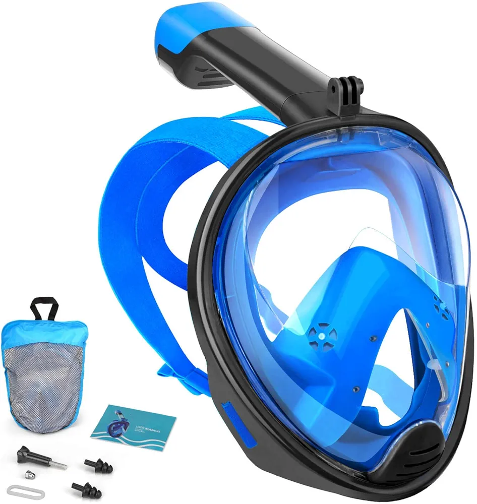 Snorkel Mask Full Face, Full Face Snorkel Mask with Dry Top Breathing System, 180 Degree Panoramic View Snorkeling Gear Anti-Fog Anti-Leak with Camera Mount for Adults Kids