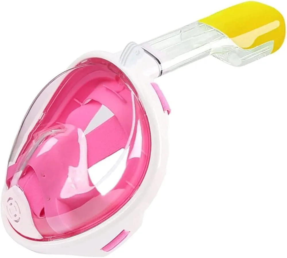 Snorkel Mask Full Face 180 Degree Vision Full Dry Free Breathing Snorkeling Mask Camera Pink - L-XL