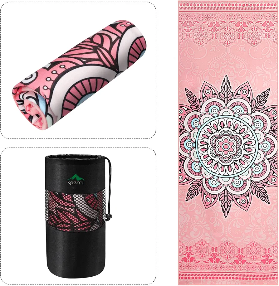 Keemi Non-Slip Yoga Towel Microfiber Yoga Mat Blanket for Hot Yoga Bikram Pilates Gym Towels for Sweat (73"x25", Mandala Pink)