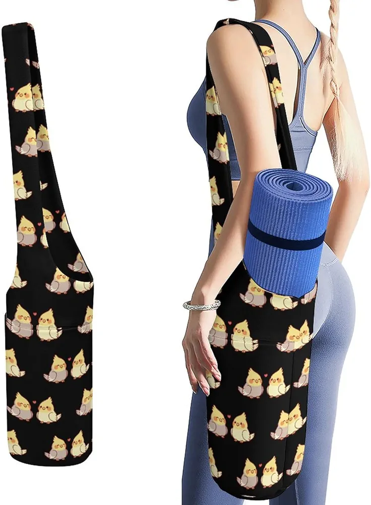 Cute Cartoon Cockatiel Yoga Mat Bag with Water Bottle Pocket Carrier Shoulder Bags for Yoga Accessories Gifts