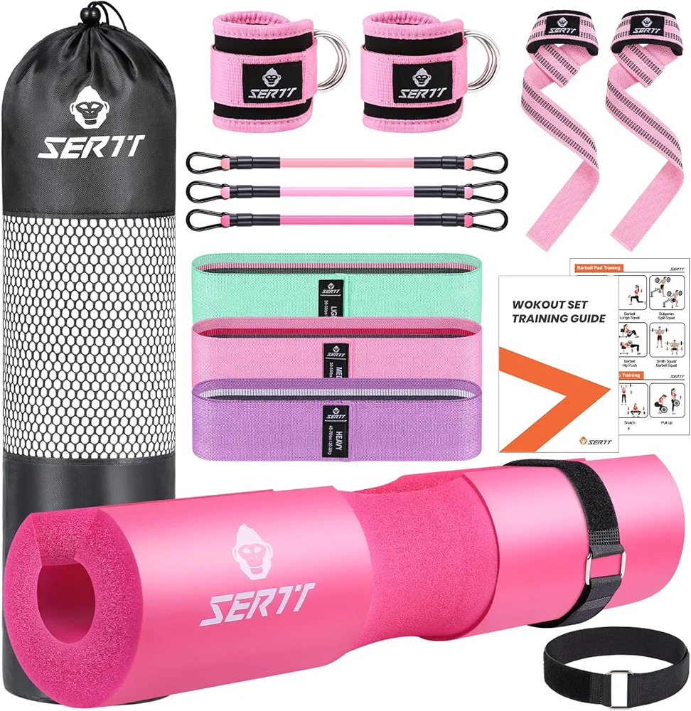 12Pcs Foam Barbell Pad Set for Squats, SERTT Hip Thrust Pad Gym Essentials Set for Workout, 1 Gym Pad, 1 Carry Bag, 2 Lifting Strap, 2 Ankle Cuffs, 3 Ankle Risistance Band, 3 Hip Resistance Bands