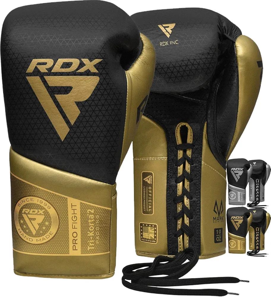 RDX Professional Boxing Gloves, Mark PRO Lace-Up Competition Gloves, Super Skin Maya Hide Leather, Padded Wrist Support, Multi-Layered, Traditional Extra Long Laces for Firm Secure Fit
