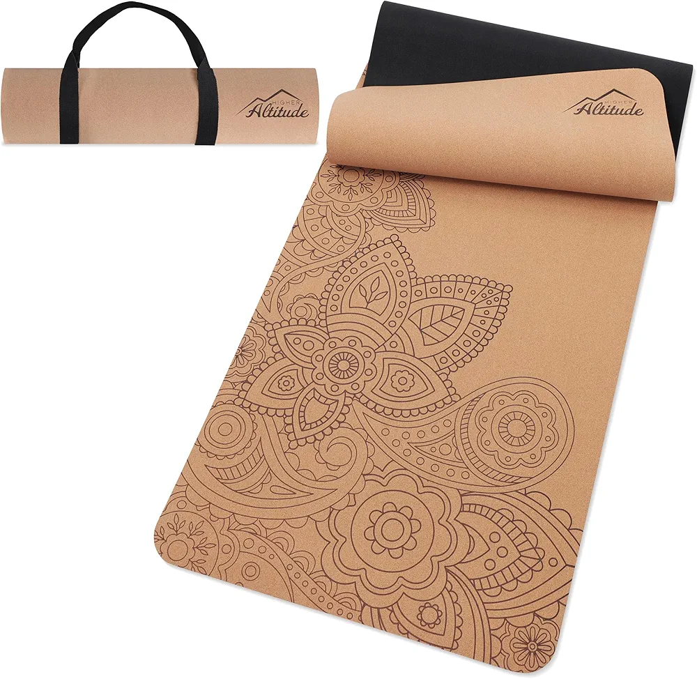 Higher Altitude Body Yoga Cork Mat - 72 x 24in Cork Exercise Mat with Rubber Padding and Carrying Loop - Flower Design